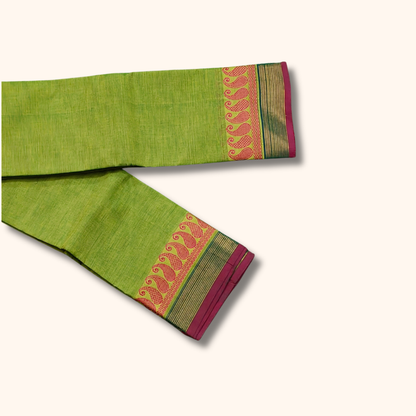 Parrot Green Chettinad Cotton Saree with Pink and Green Border - Without Blouse