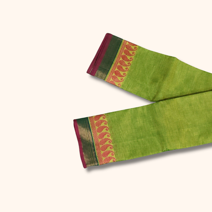 Parrot Green Chettinad Cotton Saree with Pink and Green Border - Without Blouse