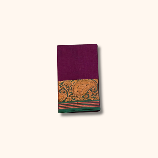 Dark Wine Chettinad Cotton Saree with Green and Gold Paisley Border - Without Blouse
