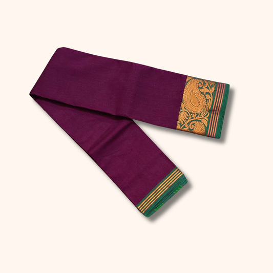 Dark Wine Chettinad Cotton Saree with Green and Gold Paisley Border - Without Blouse