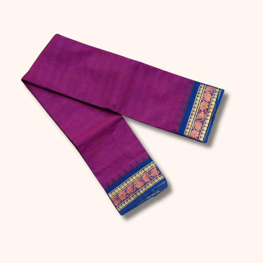 Magenta Chettinad Cotton Saree with Royal Blue and Gold Zari Border - Without Blouse