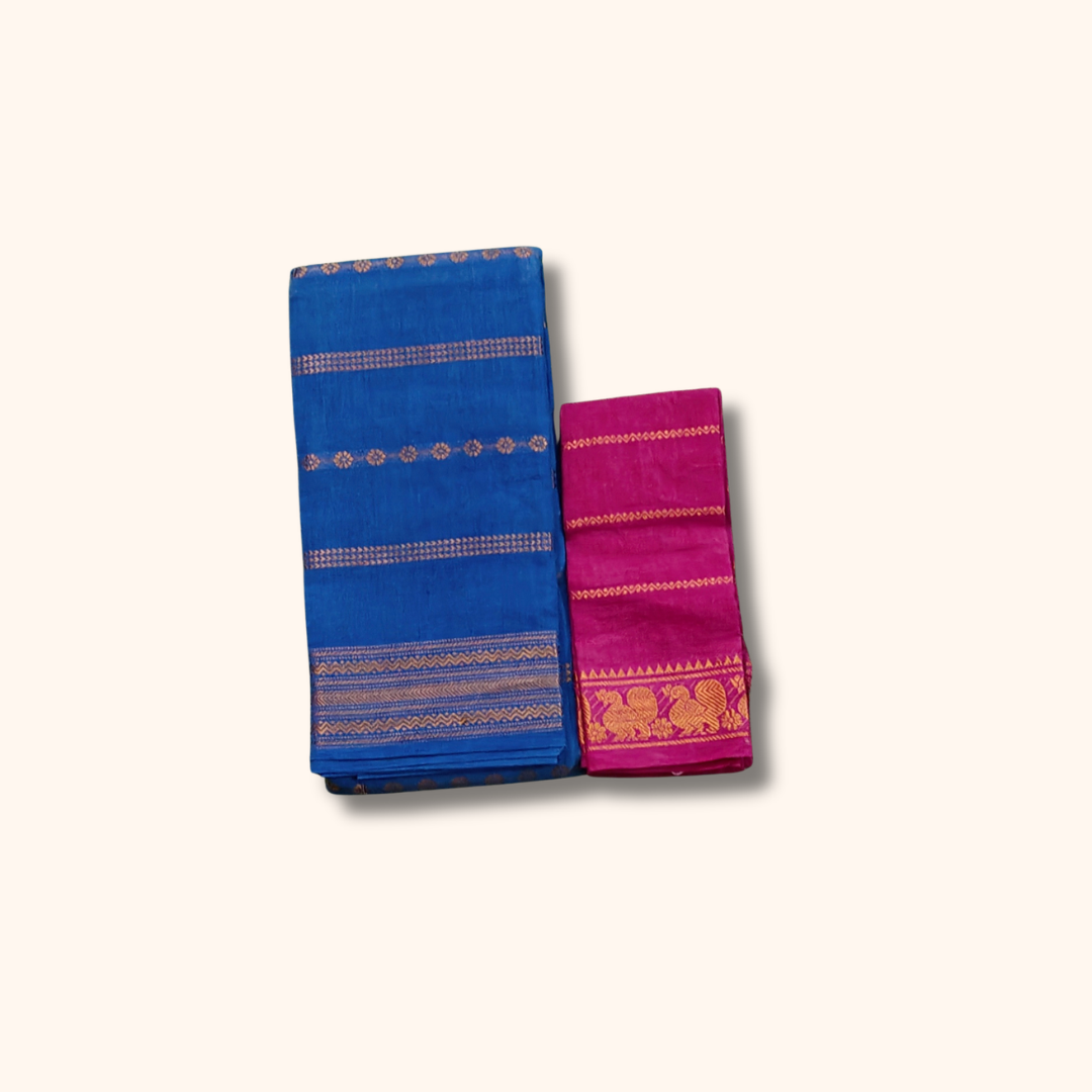 Royal Blue Sungudi Cotton Saree with Gold Motif Stripes and Magenta Blouse Piece