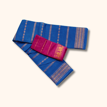 Royal Blue Sungudi Cotton Saree with Gold Motif Stripes and Magenta Blouse Piece