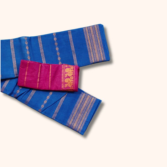 Royal Blue Sungudi Cotton Saree with Gold Motif Stripes and Magenta Blouse Piece