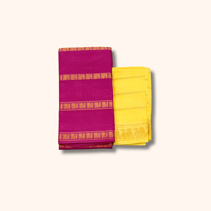 Magenta Sungudi Cotton Saree with Gold Zari Stripes and Yellow Blouse Piece