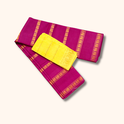 Magenta Sungudi Cotton Saree with Gold Zari Stripes and Yellow Blouse Piece