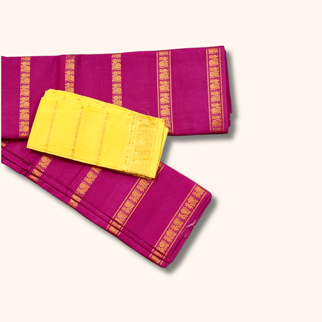 Magenta Sungudi Cotton Saree with Gold Zari Stripes and Yellow Blouse Piece