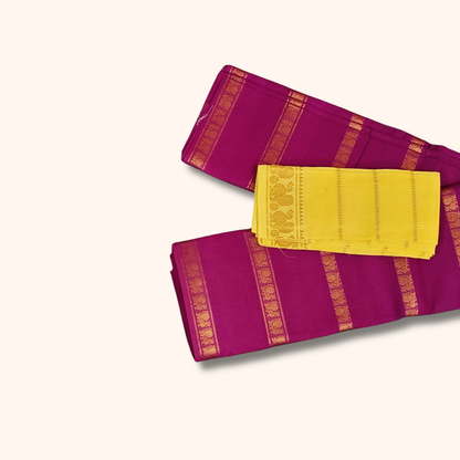 Magenta Sungudi Cotton Saree with Gold Zari Stripes and Yellow Blouse Piece