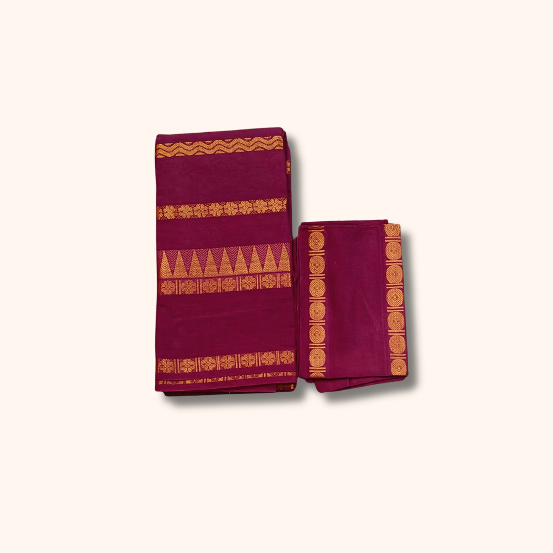 Wine Maroon Sungudi Cotton Saree with Golden Traditional Stripe Designs – Separate Blouse Piece