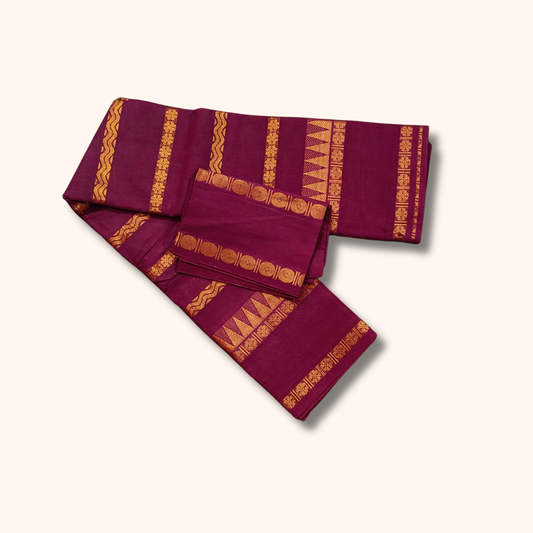 Wine Maroon Sungudi Cotton Saree with Golden Traditional Stripe Designs – Separate Blouse Piece
