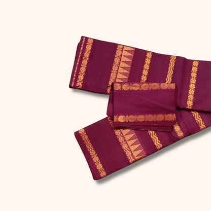 Wine Maroon Sungudi Cotton Saree with Golden Traditional Stripe Designs – Separate Blouse Piece