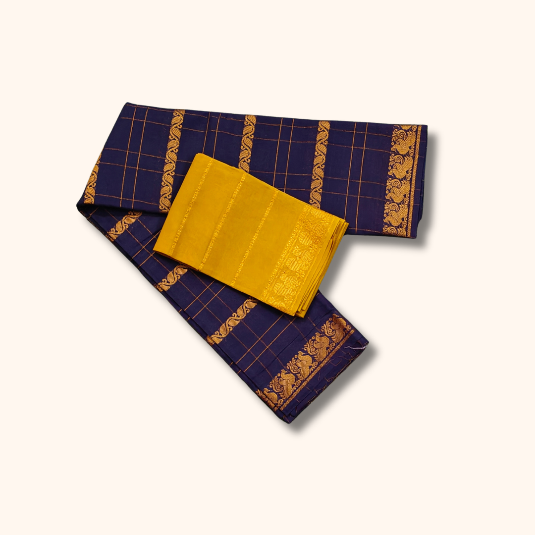 Navy Blue Sungudi Cotton Saree with Golden Checks and Traditional Border – Separate Blouse