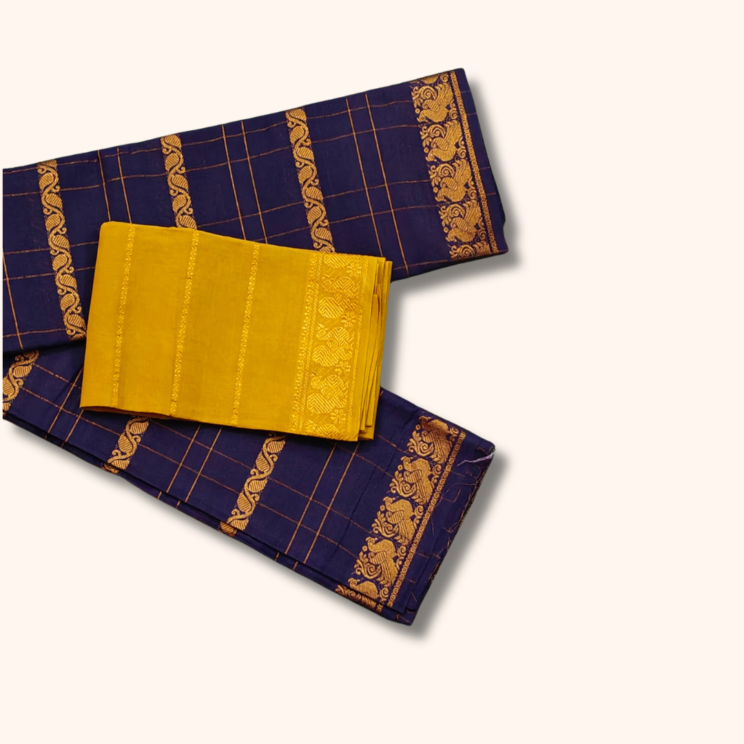 Navy Blue Sungudi Cotton Saree with Golden Checks and Traditional Border – Separate Blouse