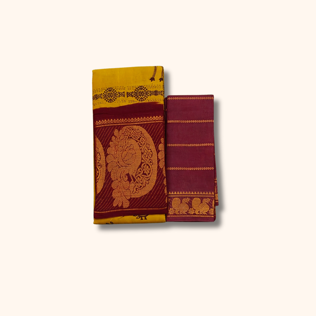 Mustard Yellow Sungudi Cotton Saree with Maroon Traditional Peacock Print and Gold Design Border – Separate Blouse