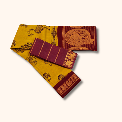 Mustard Yellow Sungudi Cotton Saree with Maroon Traditional Peacock Print and Gold Design Border – Separate Blouse