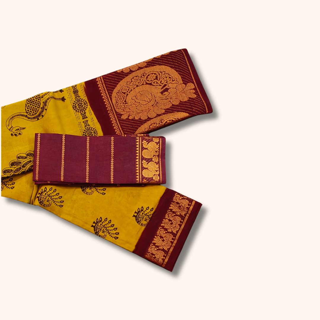 Mustard Yellow Sungudi Cotton Saree with Maroon Traditional Peacock Print and Gold Design Border – Separate Blouse