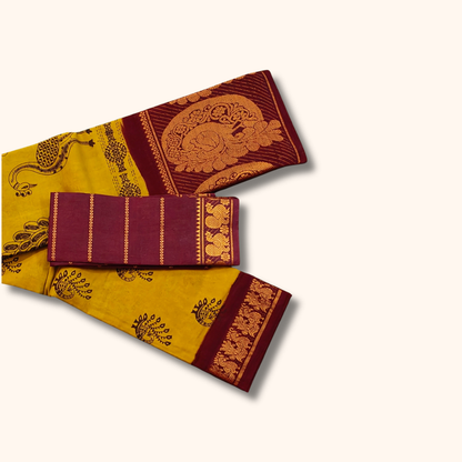 Mustard Yellow Sungudi Cotton Saree with Maroon Traditional Peacock Print and Gold Design Border – Separate Blouse