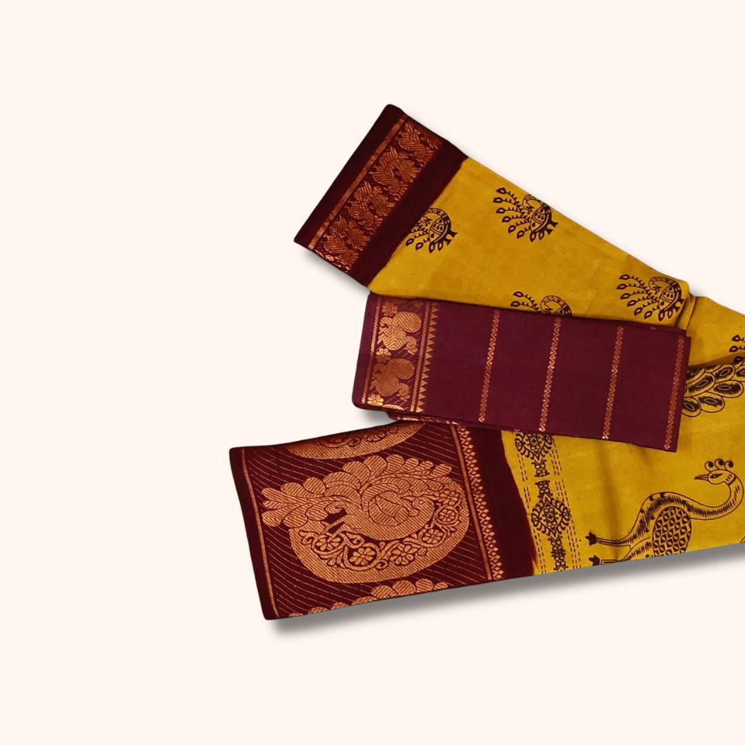 Mustard Yellow Sungudi Cotton Saree with Maroon Traditional Peacock Print and Gold Design Border – Separate Blouse