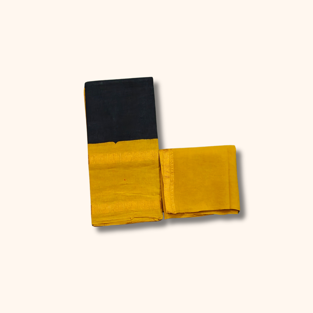 Mustard Yellow Sungudi Cotton Saree with Black Border and Separate Blouse Piece
