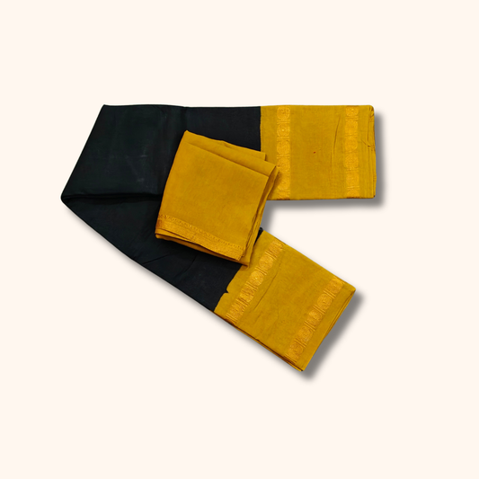 Mustard Yellow Sungudi Cotton Saree with Black Border and Separate Blouse Piece
