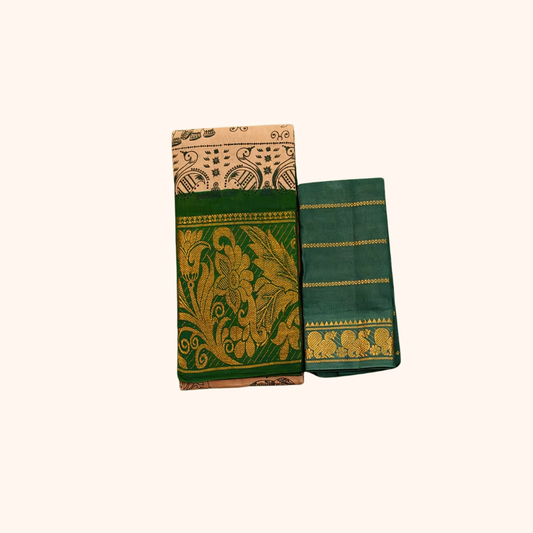 Beige Sungudi Cotton Saree with Dark Green Floral Border and Separate Blouse Piece