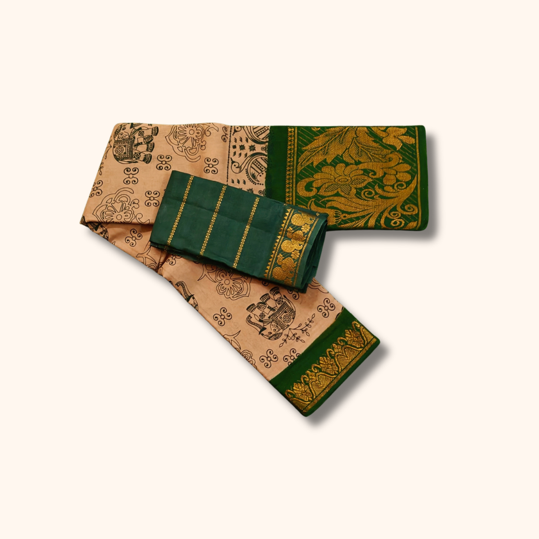 Beige Sungudi Cotton Saree with Dark Green Floral Border and Separate Blouse Piece