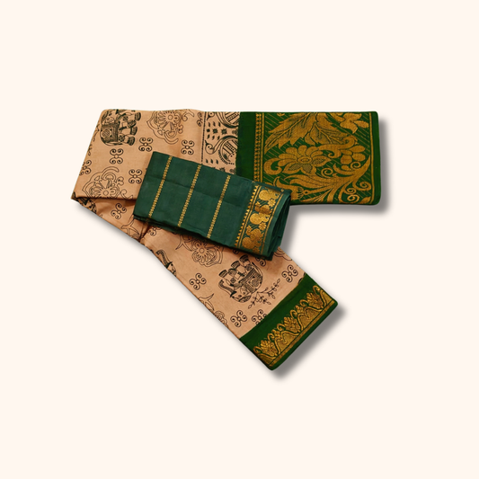 Beige Sungudi Cotton Saree with Dark Green Floral Border and Separate Blouse Piece