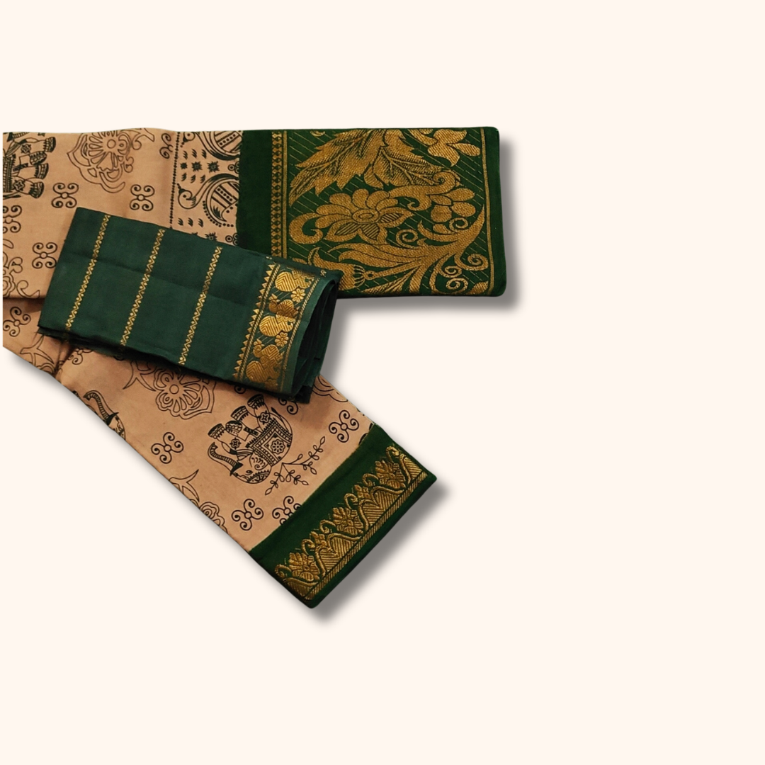Beige Sungudi Cotton Saree with Dark Green Floral Border and Separate Blouse Piece