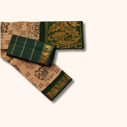 Beige Sungudi Cotton Saree with Dark Green Floral Border and Separate Blouse Piece