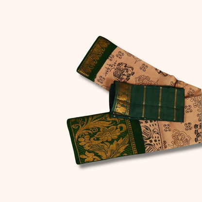 Beige Sungudi Cotton Saree with Dark Green Floral Border and Separate Blouse Piece