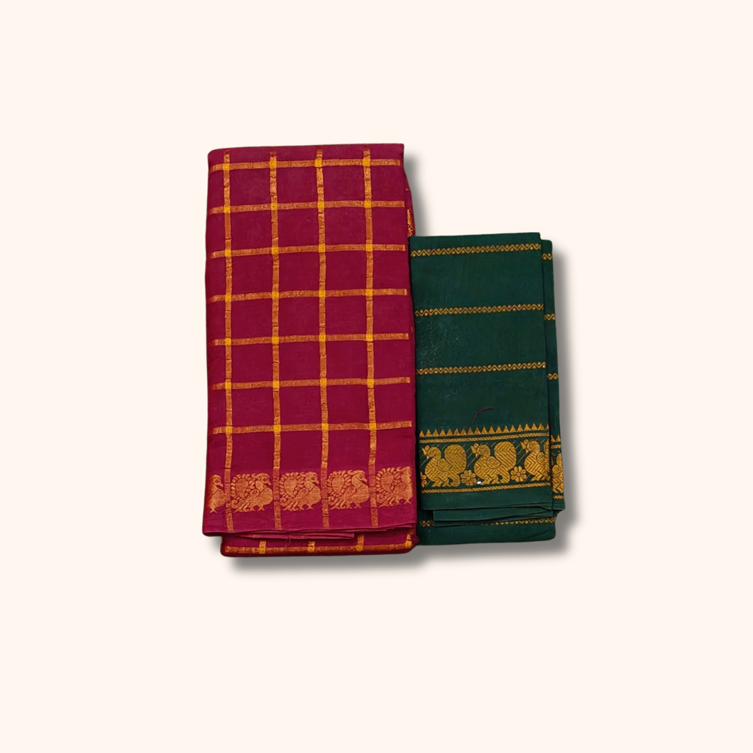Maroon Sungudi Cotton Saree with Gold Checks and Dark Green Blouse Piece