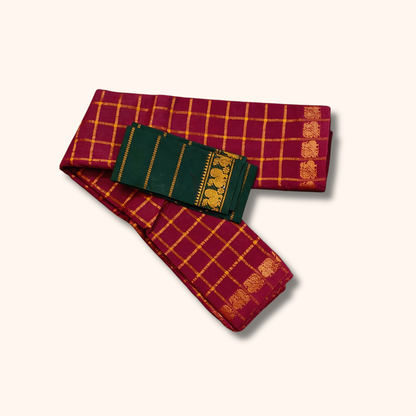Maroon Sungudi Cotton Saree with Gold Checks and Dark Green Blouse Piece
