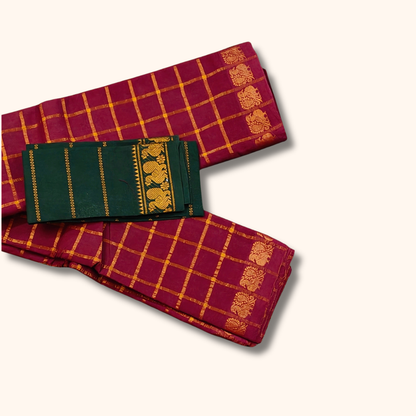 Maroon Sungudi Cotton Saree with Gold Checks and Dark Green Blouse Piece