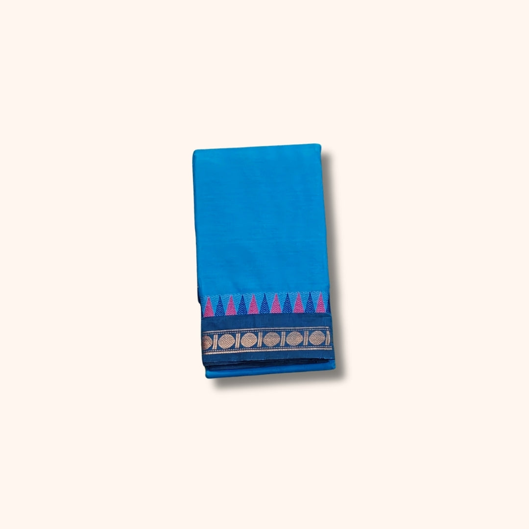 Blue Chettinad Cotton Saree with Pink and Gold Traditional Border – Without Blouse