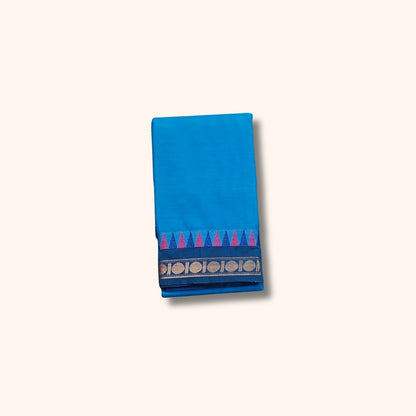 Blue Chettinad Cotton Saree with Pink and Gold Traditional Border – Without Blouse