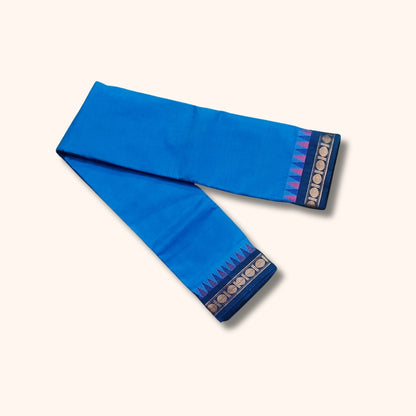 Blue Chettinad Cotton Saree with Pink and Gold Traditional Border – Without Blouse