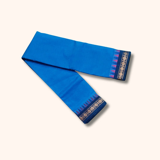 Blue Chettinad Cotton Saree with Pink and Gold Traditional Border – Without Blouse