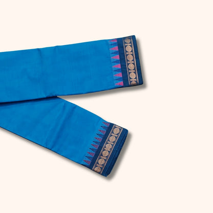 Blue Chettinad Cotton Saree with Pink and Gold Traditional Border – Without Blouse