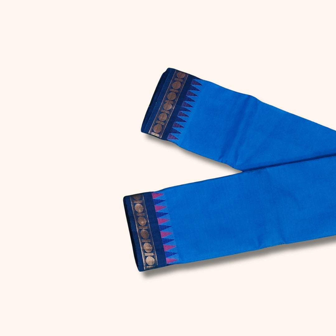 Blue Chettinad Cotton Saree with Pink and Gold Traditional Border – Without Blouse
