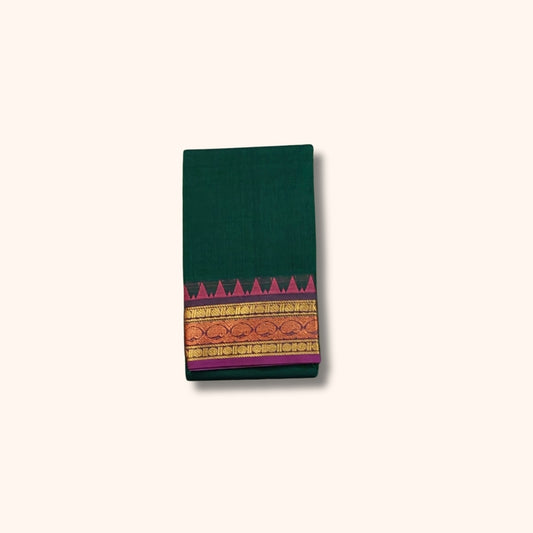 Dark Green Chettinad Cotton Saree with Pink and Gold Traditional Border – Without Blouse