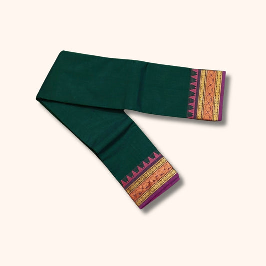 Dark Green Chettinad Cotton Saree with Pink and Gold Traditional Border – Without Blouse