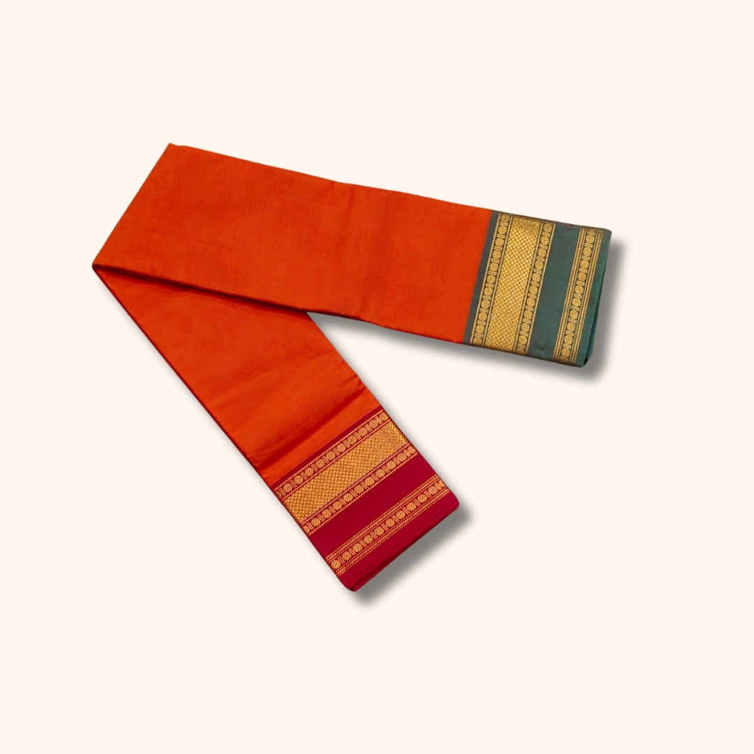 Orange Chettinad Cotton Saree with Green and Maroon Traditional Gold Border – Without Blouse