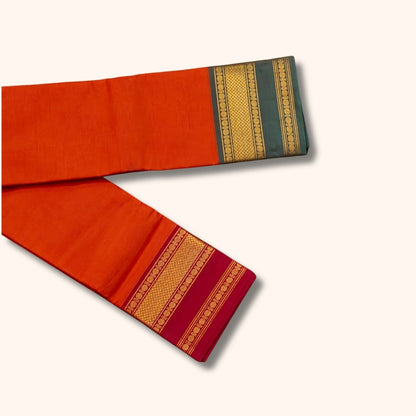 Orange Chettinad Cotton Saree with Green and Maroon Traditional Gold Border – Without Blouse