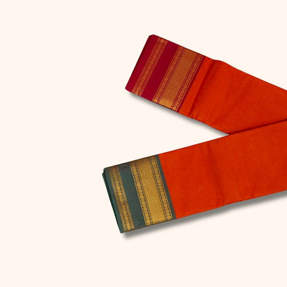 Orange Chettinad Cotton Saree with Green and Maroon Traditional Gold Border – Without Blouse