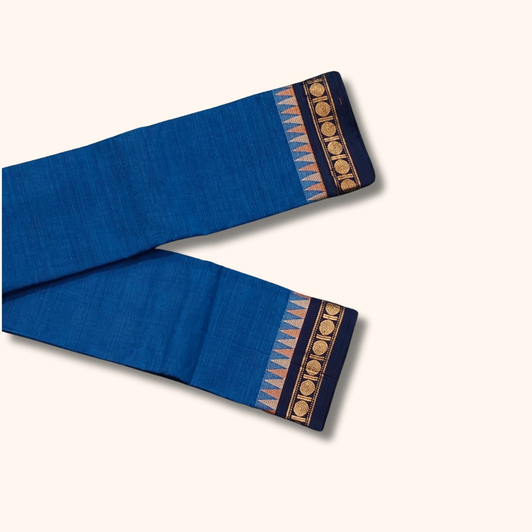 Royal Blue Chettinad Cotton Saree with Navy Blue and Gold Traditional Border – Without Blouse