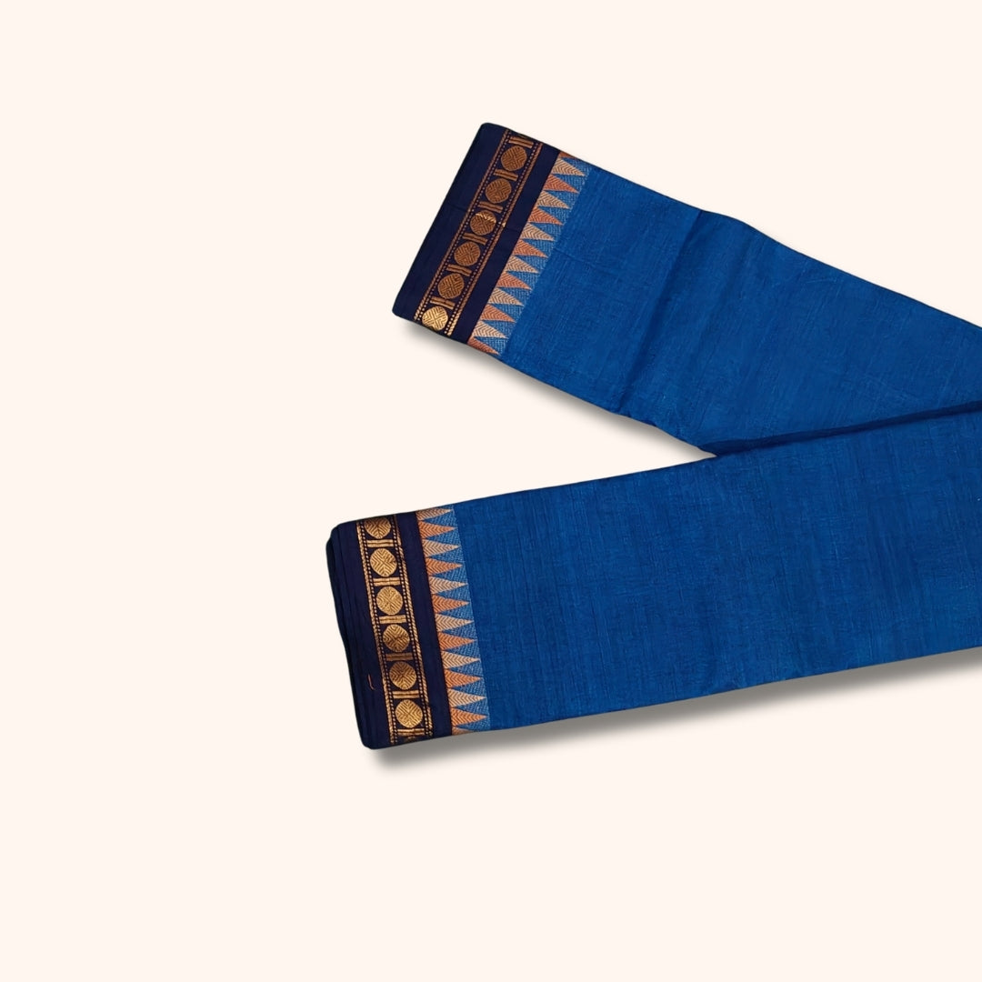 Royal Blue Chettinad Cotton Saree with Navy Blue and Gold Traditional Border – Without Blouse