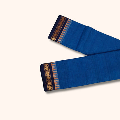 Royal Blue Chettinad Cotton Saree with Navy Blue and Gold Traditional Border – Without Blouse