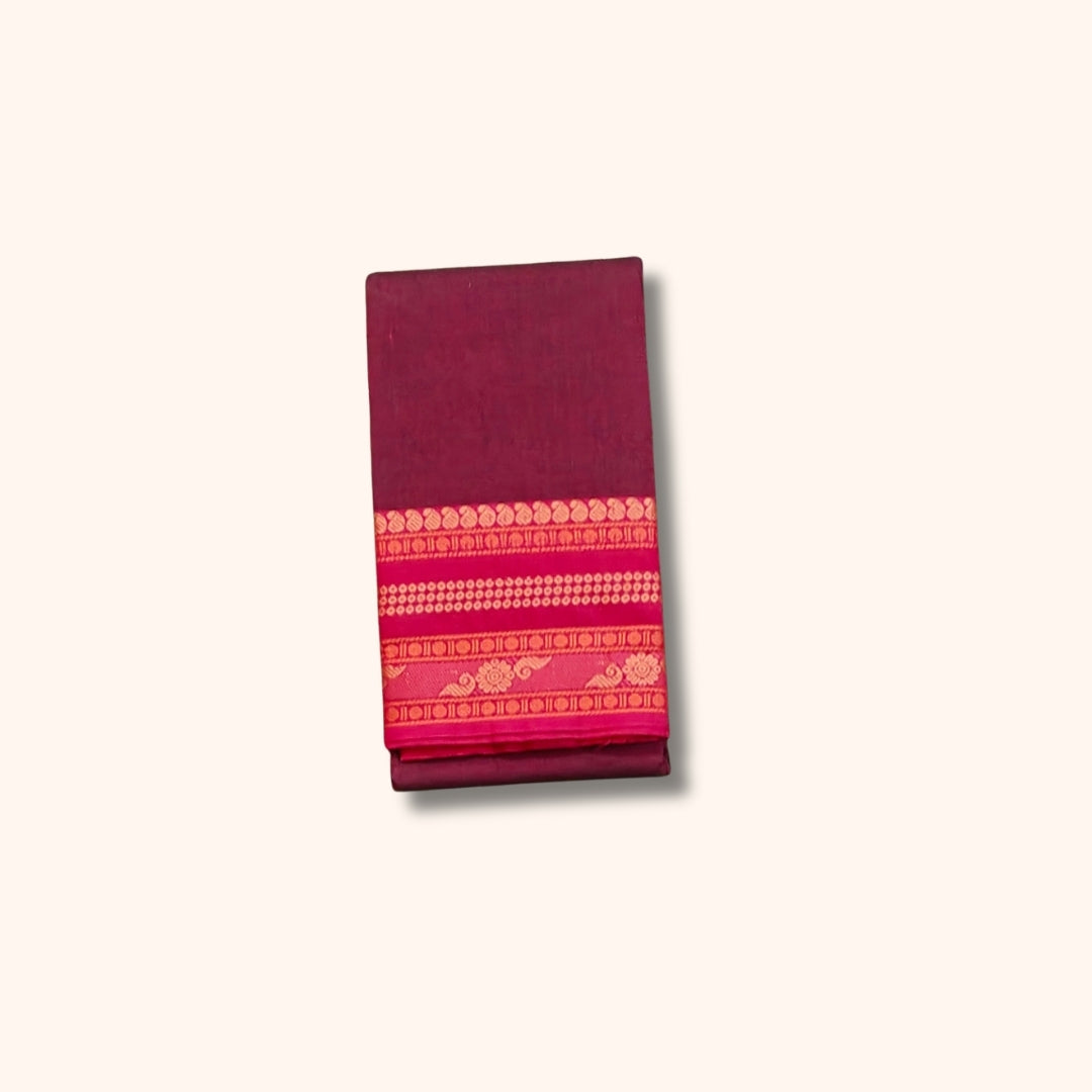 Dark Maroon Chettinad Cotton Saree with Pink and Gold Traditional Border – Without Blouse