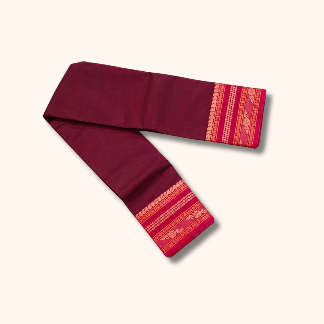 Dark Maroon Chettinad Cotton Saree with Pink and Gold Traditional Border – Without Blouse