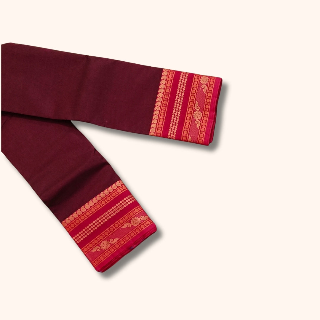 Dark Maroon Chettinad Cotton Saree with Pink and Gold Traditional Border – Without Blouse